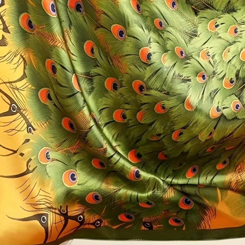 Green and Gold Peacock Print Satin Scarf - Picture 2 of 3